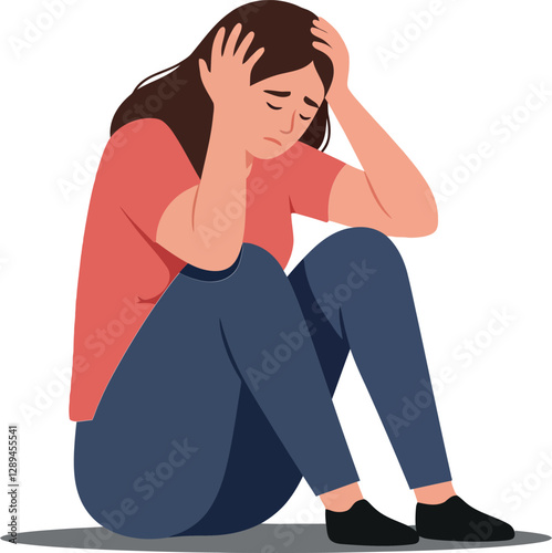 A woman sitting on the floor with her head in her hands, conveying distress in a flat vector illustration