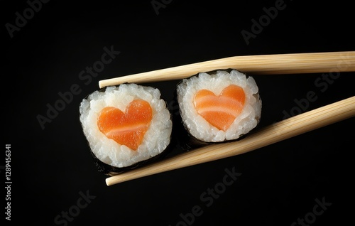 Wallpaper Mural Two Heart-Shaped Sushi Rolls with Salmon Filling on Black Background Surrounded by Bamboo Chopsticks Torontodigital.ca