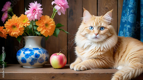 Orange Cat with Flowers and Apple Still Life