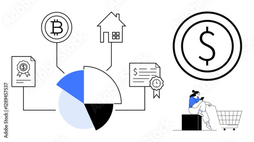 A pie chart connected to Bitcoin, a house, a document and a certificate, while a person shops, surrounding a large dollar sign. Ideal for finance, investment, wealth management, real estate