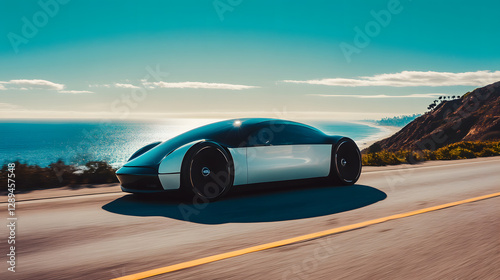 A sleek electric car cruising along LAs Pacific Coast Highway the ocean sparkling under the midday sun.