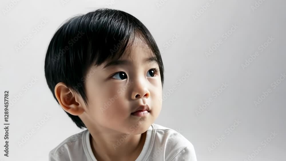 Curious toddler gazes upward in thoughtful sequence Curious toddler gazes upward in thoughtful sequence
