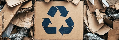 A blue recycling symbol prominently displayed on cardboard amidst a pile of recyclable materials, emphasizing environmental consciousness and recycling efforts.