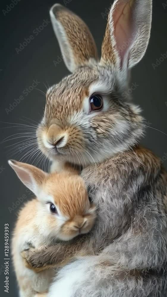Affectionate moment between a rabbit and its bunny Affectionate moment between a rabbit and its bunny