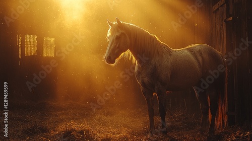 Majestic horse standing in a sunlit barn with golden rays filtering through the dusty atmosphere, showcasing the beauty of nature and animals.
