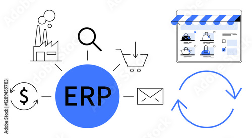 ERP system with interconnected elements factory, magnifying glass, shopping cart, email, currency sign, e-commerce screen, arrows. Ideal for business, finance software technology e-commerce