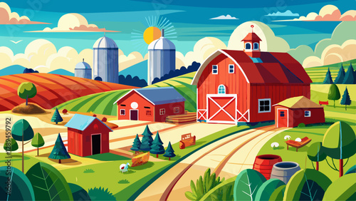 Amish farm with red buildings and hay bales in rural landscape