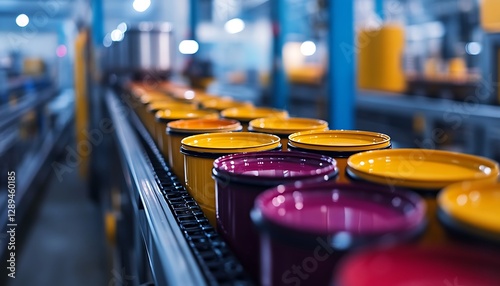 Paint Cans on Conveyor Belt in Factory photo