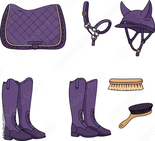 Equestrian gear including saddle pad, bridle, helmet, boots, and grooming tools in flat vector art
