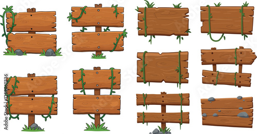 Wooden signboards adorned with green vines in flat vector illustration style showcasing various shapes and orientations of signs in nature