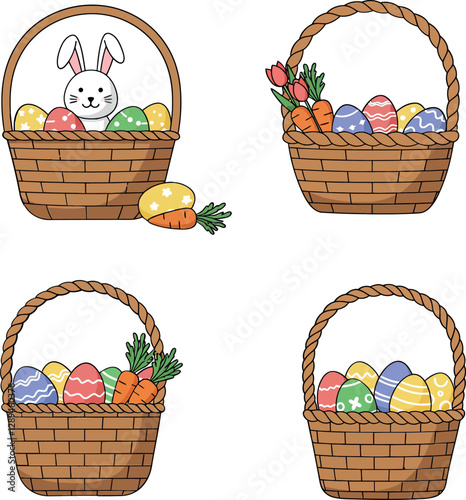 Colorful Easter baskets with eggs and a bunny in a flat vector illustration