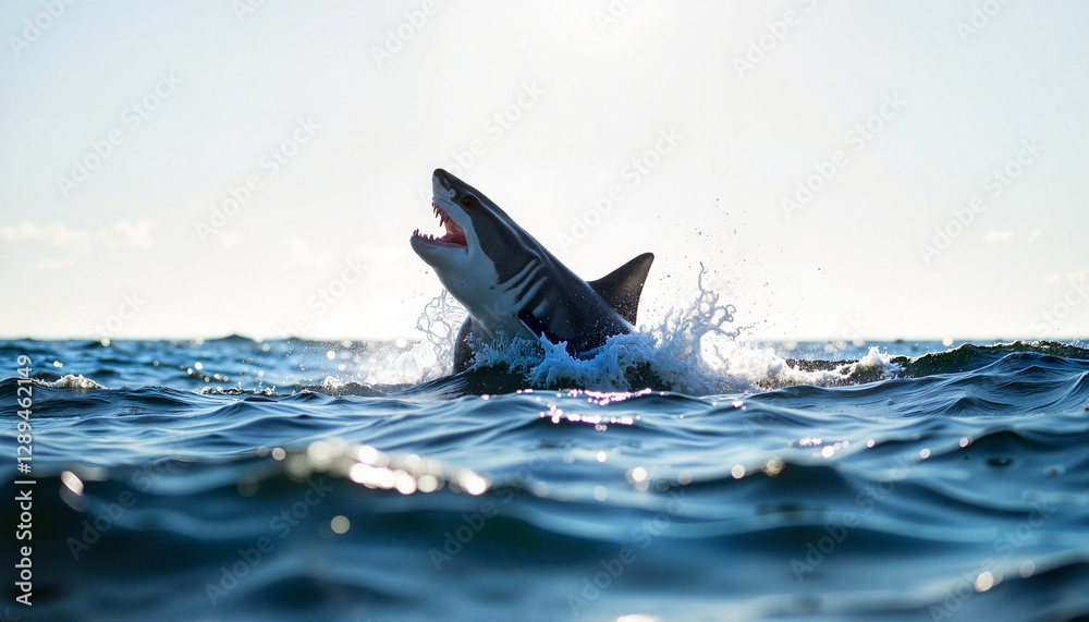 Fototapeta premium Shark jumping out of the water against a sunny ocean backdrop