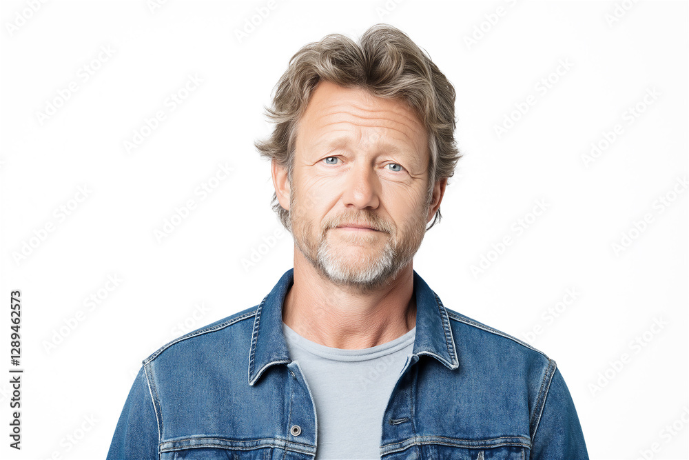 Portrait of a man with serious expression against a simple white background, wearing a denim jacket. Perfect for conceptual themes of seriousness or business.