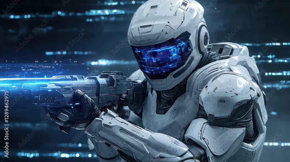 Fototapeta premium Cyber warrior in advanced armor protects future city from waves of misinformation during a digital conflict