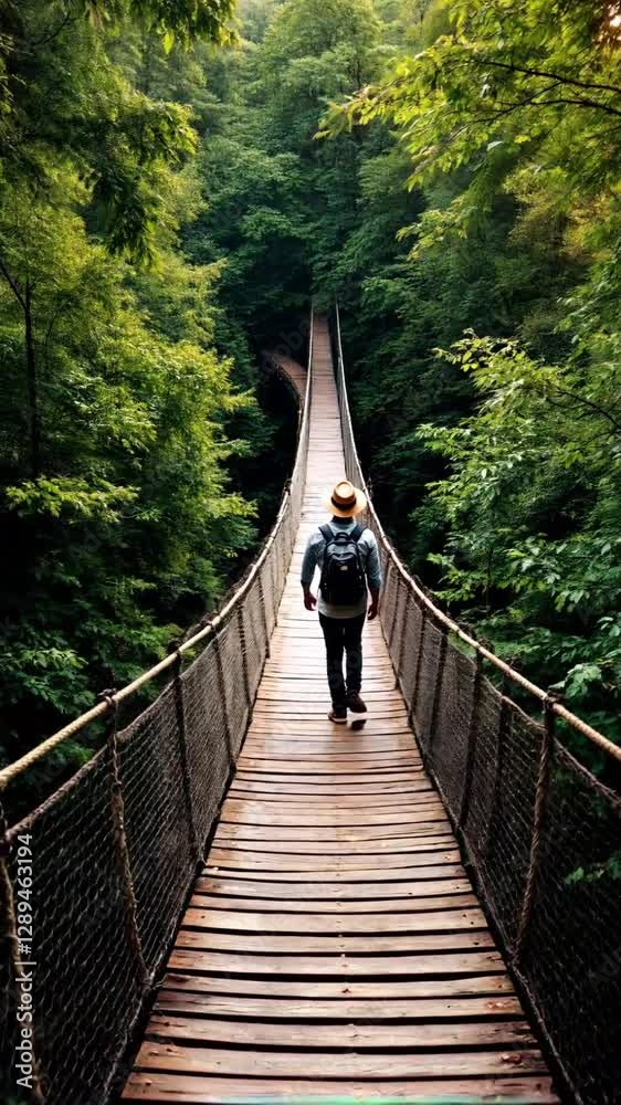 Adventurer Crossing Wooden Suspension Bridge in Jungle Adventurer Crossing Wooden Suspension Bridge in Jungle