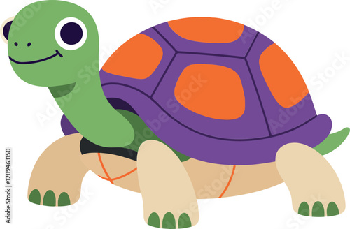 Colorful cartoon turtle with a vibrant shell in a playful flat vector illustration