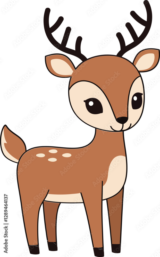 Fototapeta premium Cute cartoon deer with big eyes and antlers in a minimal flat vector art style