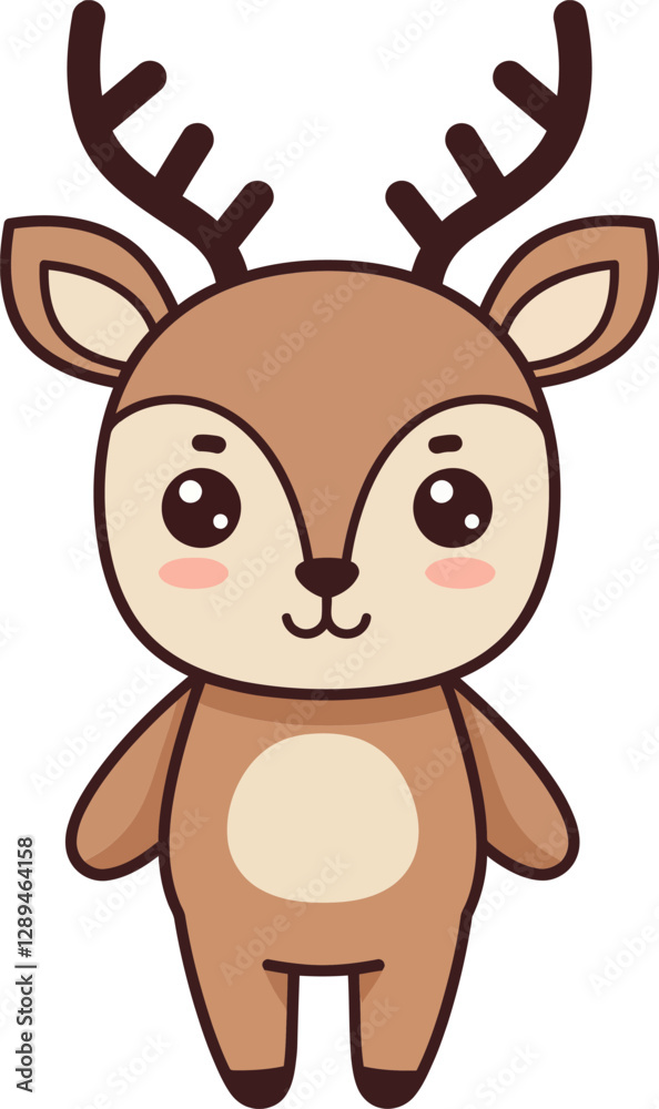 Fototapeta premium Cute cartoon deer character in a minimal style with large eyes and antlers in a joyful pose vector illustration