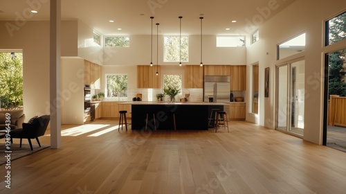 A bright, modern kitchen with light wood cabinetry and a dark island is featured in a spacious room with high ceilings and large windows, leading to an outdoor patio
