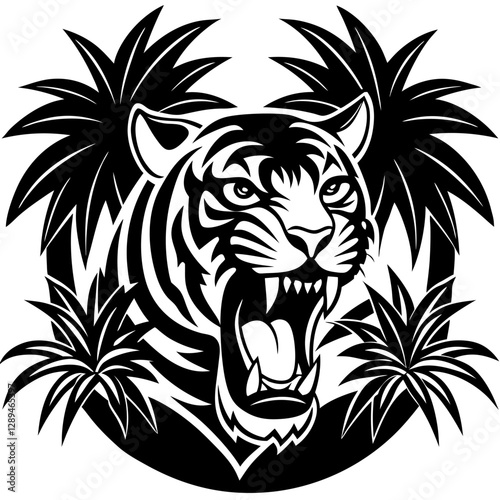 "Fierce Roaring Tiger Vector Illustration – Jungle Wildlife Clipart & Line Art Design", "Fierce roaring tiger vector illustration – perfect for clipart, cartoons, and line art designs."