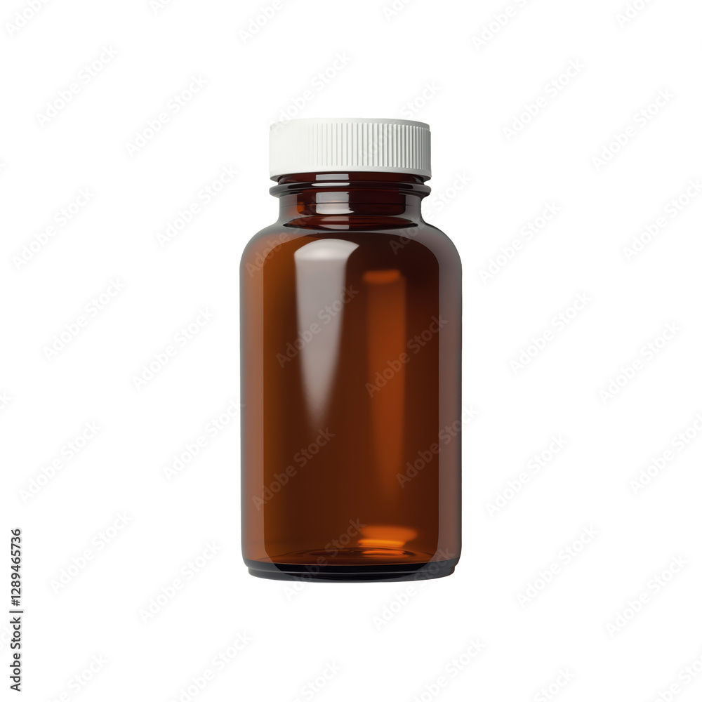 Amber glass or plastic mediacal bottle with white cap for storage of liquids and powders Amber glass or plastic mediacal bottle with white cap for storage of liquids and powders