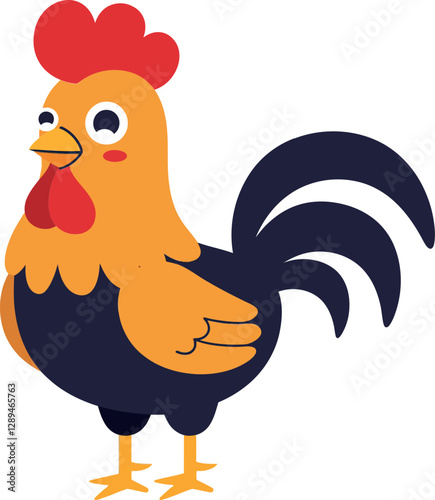 Colorful rooster standing proudly with vibrant feathers in a playful, flat design style vector art