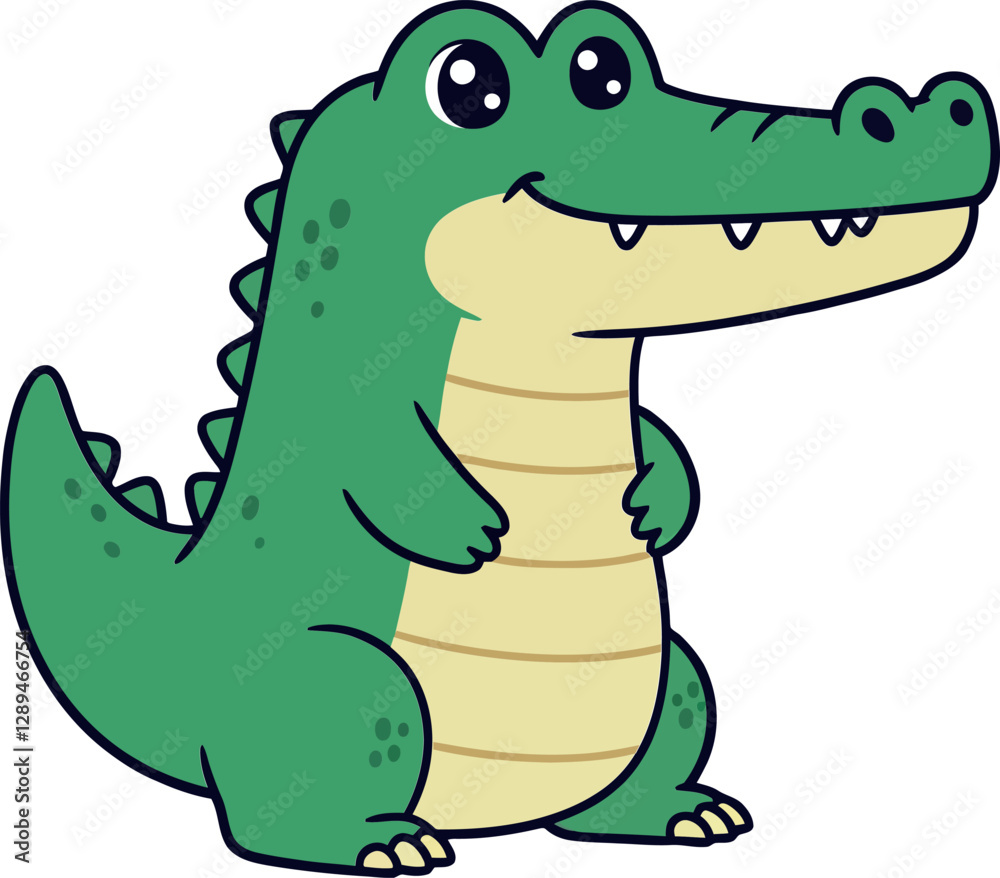 Naklejka premium Cute green crocodile character in a playful, cartoonish style, smiling happily in vector illustration
