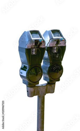 PNG of two parking meters on a single post.  transparent background