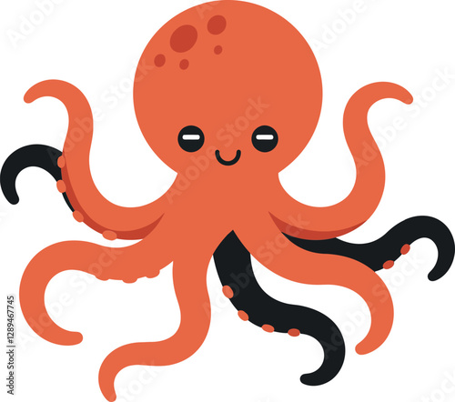 Cute orange octopus with smiling face and colorful tentacles in a flat vector illustration