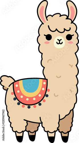 Cute llama standing proudly with a colorful saddle in a flat design vector illustration