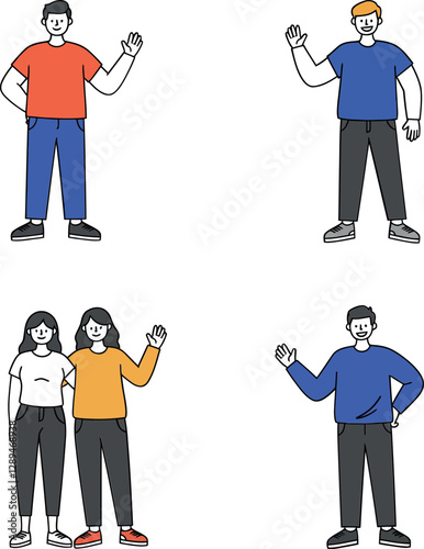 Four cheerful individuals in casual attire waving hello in minimal flat vector illustration