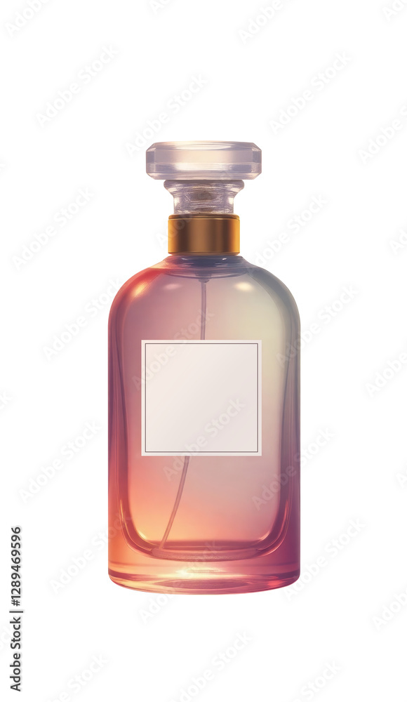 Elegant perfume bottle with blank label on white background