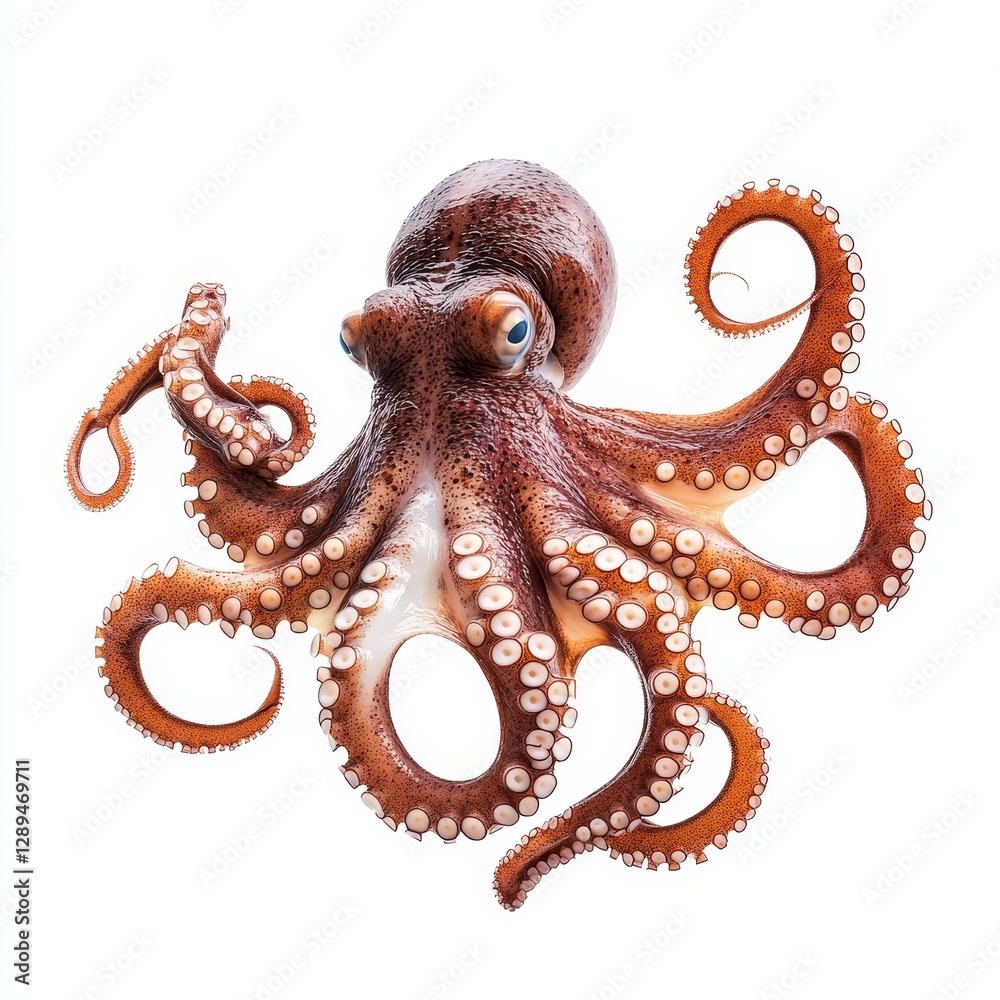 Fototapeta premium Colorful octopus with tentacles on white background - A vibrant octopus showcasing its tentacles, symbolizing intelligence, adaptability, ocean life, uniqueness, and beauty in marine ecosystems