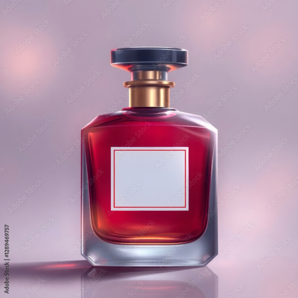 Elegant red perfume bottle sparkling on reflective surface Elegant red perfume bottle sparkling on reflective surface