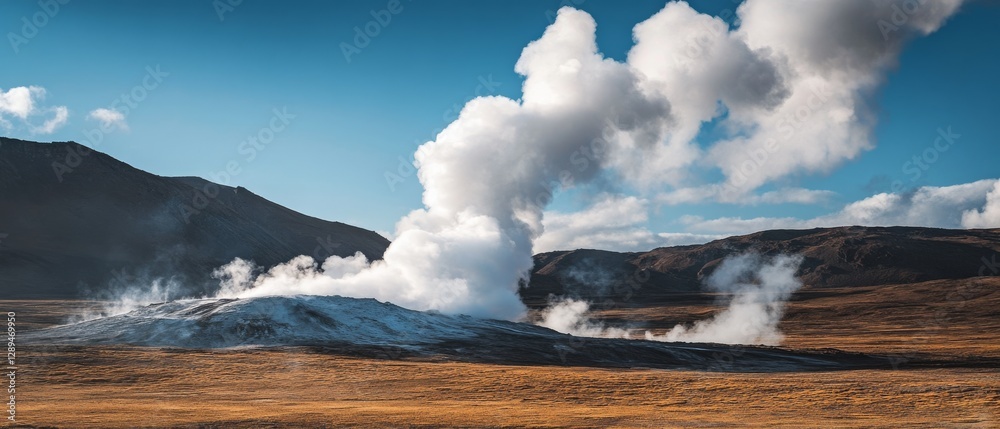 A steaming geothermal vent releases thick vapors into the bright sky, showcasing natural power and Earth's dynamic forces. A steaming geothermal vent releases thick vapors into the bright sky, showcasing natural power and Earth's dynamic forces.