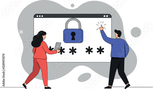 Two individuals interacting with a computer screen displaying a padlock in a minimal vector illustration