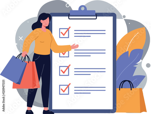 Woman holding shopping bags while checking items on a clipboard in flat vector illustration