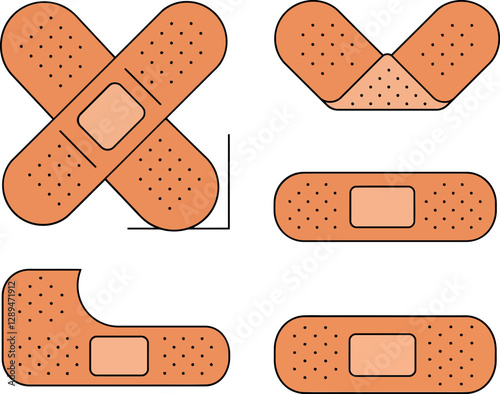 Collection of flat-style adhesive bandages in various shapes and sizes showcasing health and care vector art