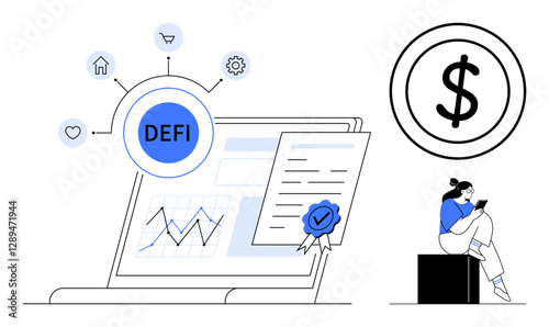 Laptop displaying DeFi network connections, charts, and a financial certificate. Woman using a smartphone beside a dollar sign. Ideal for finance, blockchain, cryptocurrency, investment, digital