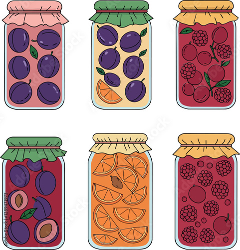 Colorful jars filled with assorted fruits and preserves in a flat vector illustration