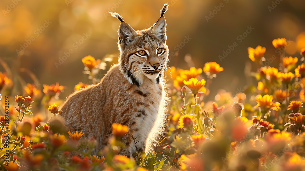 Eurasian Lynx in a Field of Orange Flowers at Sunset Eurasian Lynx in a Field of Orange Flowers at Sunset
