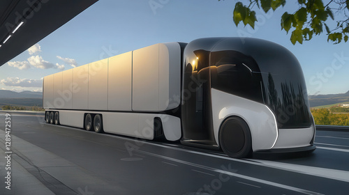 Futuristic self-driving truck driving on a highway at sunset