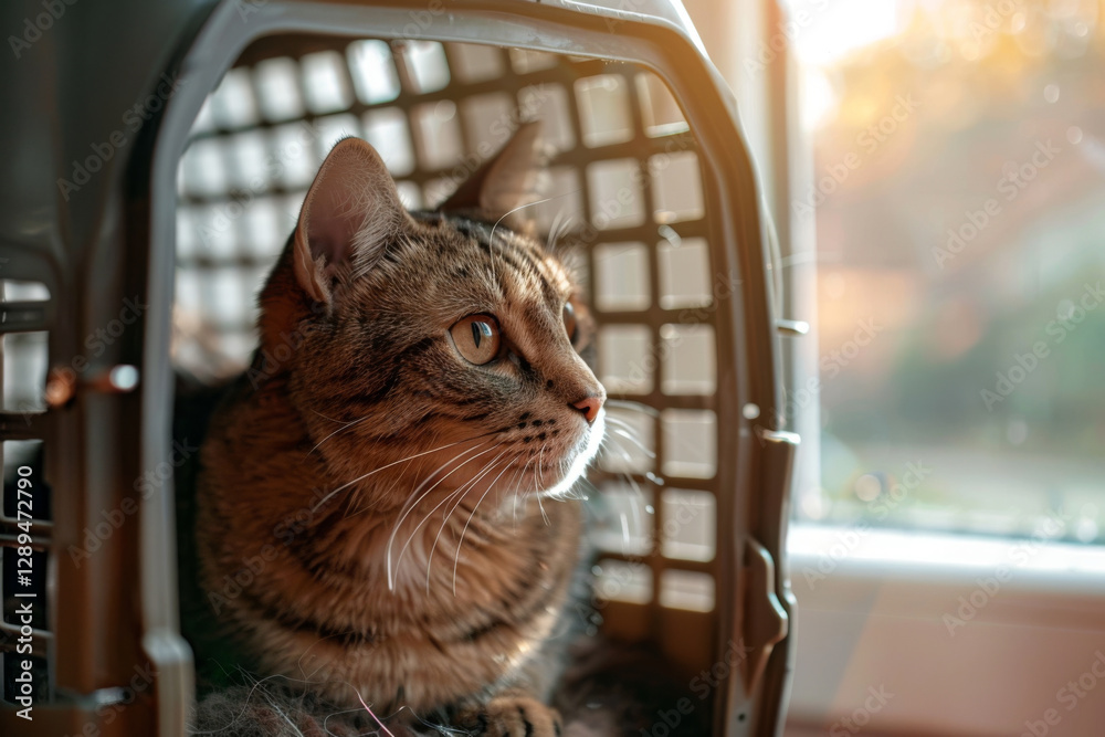 Curious tabby cat sits inside pet carrier. Kitten in transportation cage preparing for safe travelling. Travel with domestic animals