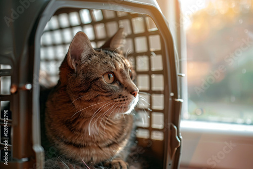 Obraz na płótnie Curious tabby cat sits inside pet carrier. Kitten in transportation cage preparing for safe travelling. Travel with domestic animals w salonie
