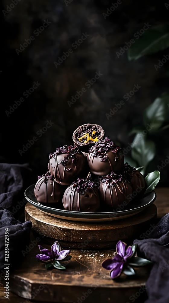 Fototapeta premium Chocolate truffles with a spicy chili and orange zest filling.