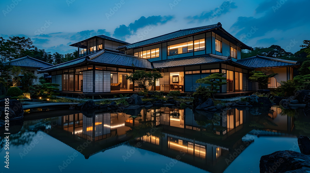 Elegant traditional japanese house reflecting on a serene pond at dusk Elegant traditional japanese house reflecting on a serene pond at dusk