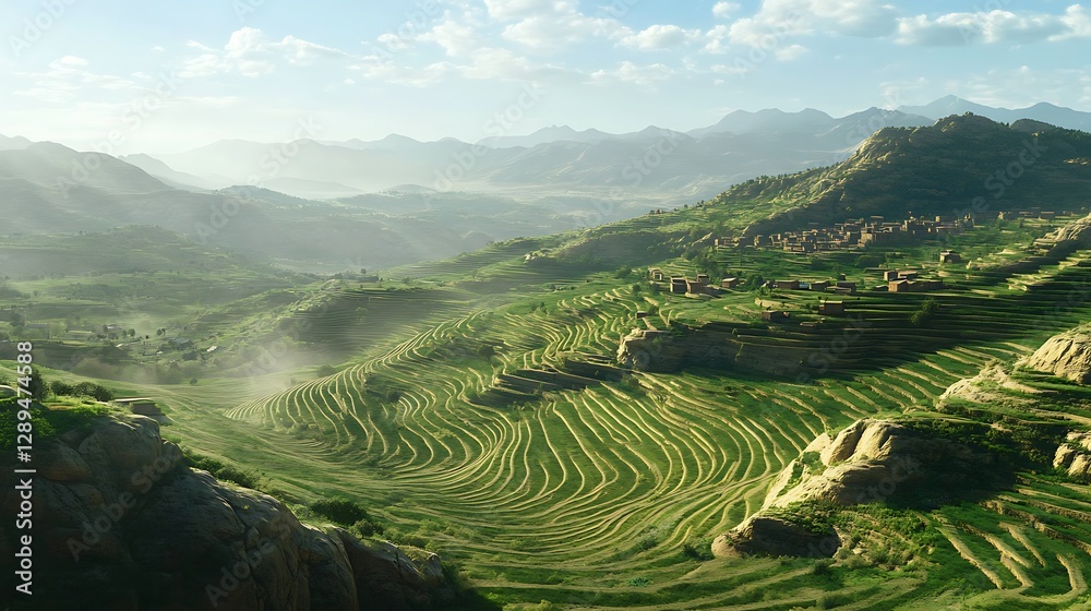 A panoramic view of a hilly landscape with terraced fields and a distant village A panoramic view of a hilly landscape with terraced fields and a distant village