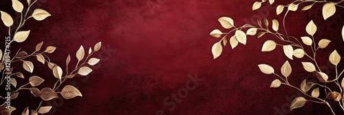 Elegant Gold Leaves On Burgundy Textured Background Rich Dark Red Hues Metallic Golden Foliage