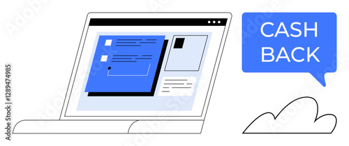 Laptop screen highlighting user interface elements alongside blue speech bubble stating CASH BACK. Ideal for e-commerce, online shopping, digital marketing, rewards programs, financial incentives