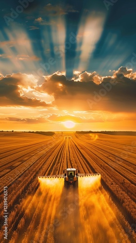 Tractor plowing a field at sunset with golden light illuminating the landscape. Top view of farm